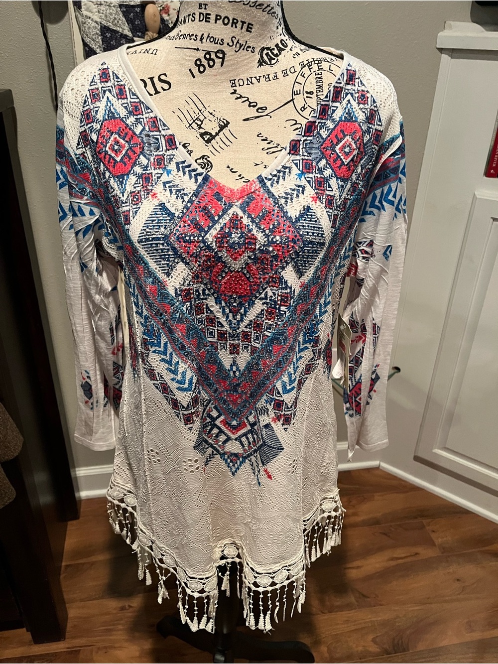 Boho Crochet Fringe V-Neck Tunic Top - Ivory with Red & Blue Aztec Print